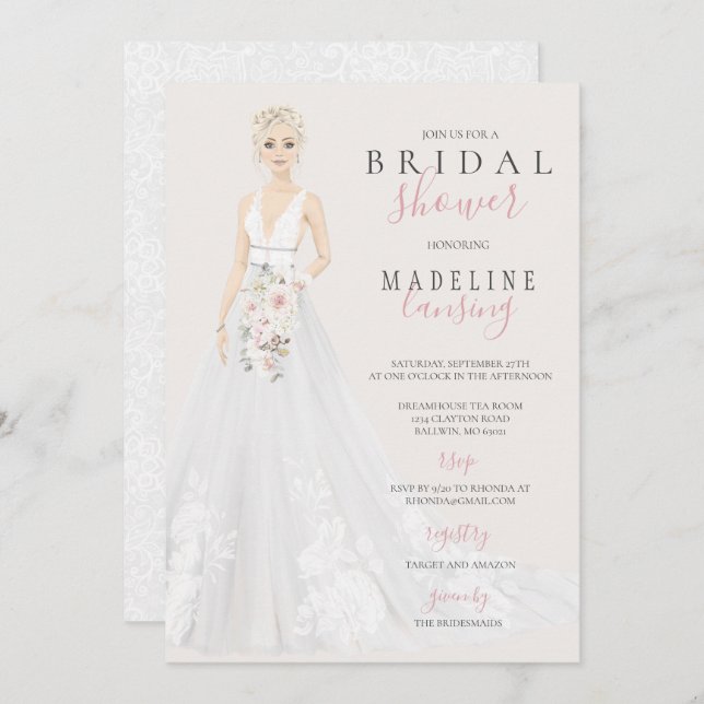 Invitación Novia en Boda de encaje con ducha de novia consent (Anverso / Reverso)