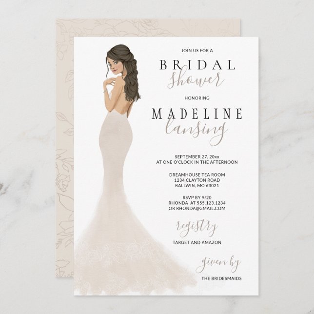 Invitación Novia en Champagne con un vestido de traje de novi (Anverso / Reverso)