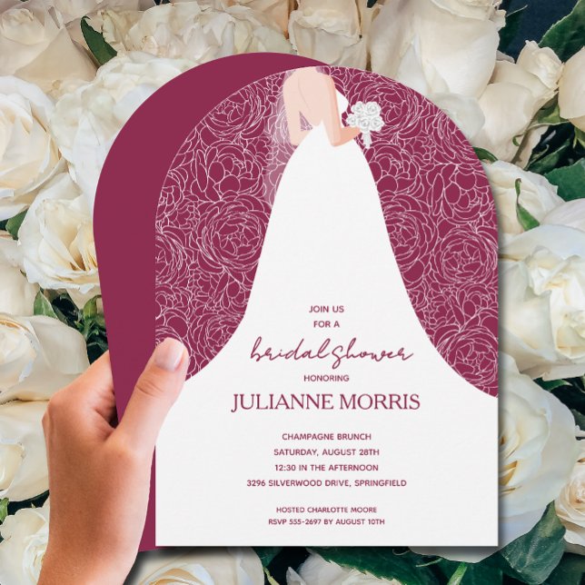 Invitación Novia en el Arco de Ducha Bridal de Cranberry (Bride on cranberry red bridal shower arch-top invitations)