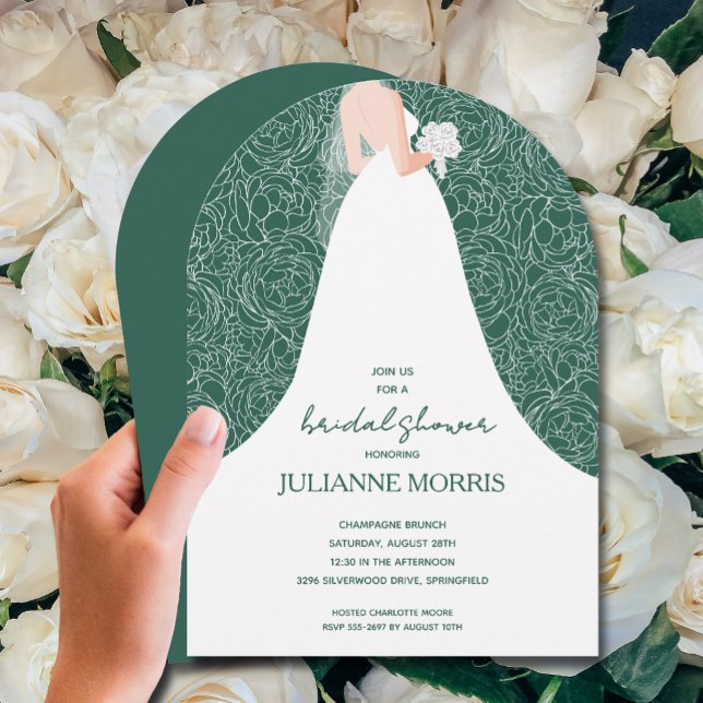 Invitación Novia en el brazo de ducha verde esmeralda (Bride on emerald green bridal shower arch-top invitations)