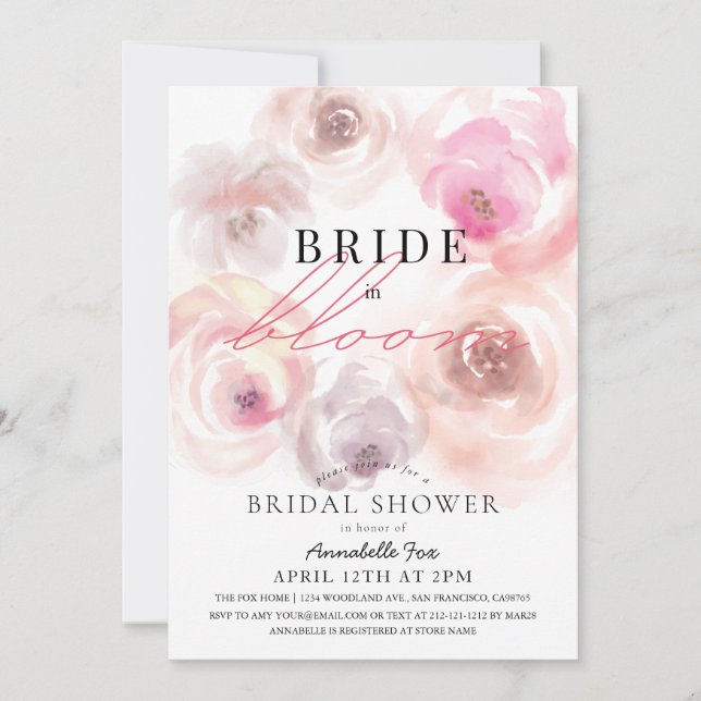Invitación Novia en flor acuarela Rosa ducha de novia (Anverso)