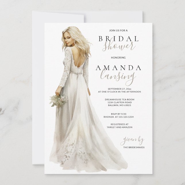 Invitación Novia en la ducha de novia en el vestido (Anverso)
