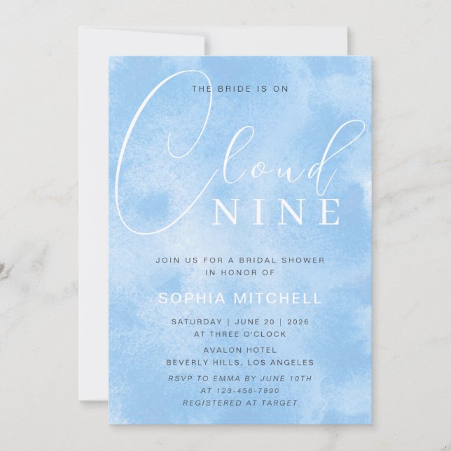 Invitación Novia en la nube 9 Blue Ink Script Bridal Shower (Anverso)