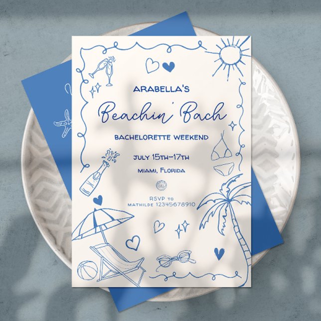 Invitación Novia en la Playa | Azul | Dibujado a Mano Caprich (Beach Bachelorette invitation in blue and white with beach doodles, hand written font & itinerary.
)