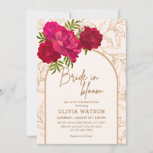 Invitación Novia en rosa de sangre y ducha dorada floral de n