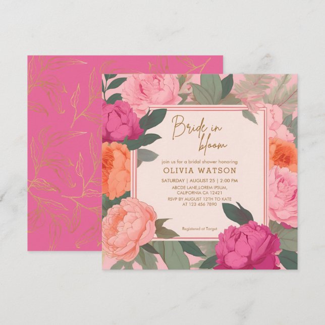 Invitación Novia en una ducha de novia floral rosa y dorada (Anverso / Reverso)