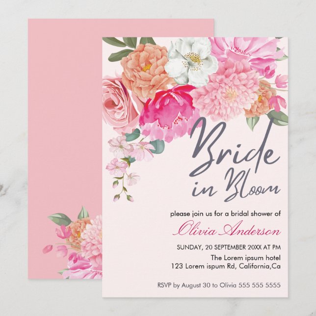 Invitación Novia floral acuarela en ducha de novia en flor (Anverso / Reverso)