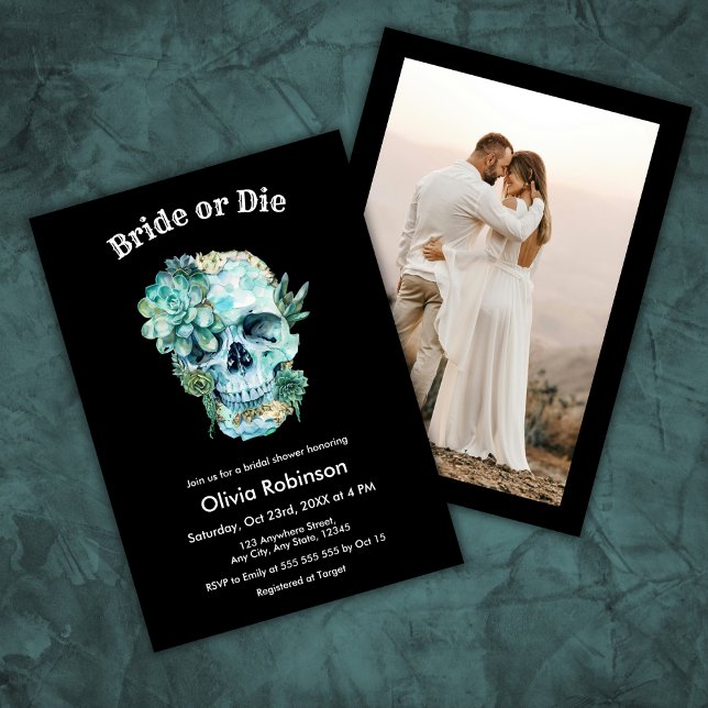 Invitación Novia floral de cráneo o ducha de novia muerta en  (Floral Skull Photo Bride or Die Halloween Bridal Shower Invitation )