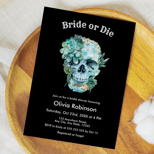 Invitación Novia floral de cráneo o ducha de novia muerta en  (Floral Skull Bride or Die Halloween Bridal Shower Invitation )