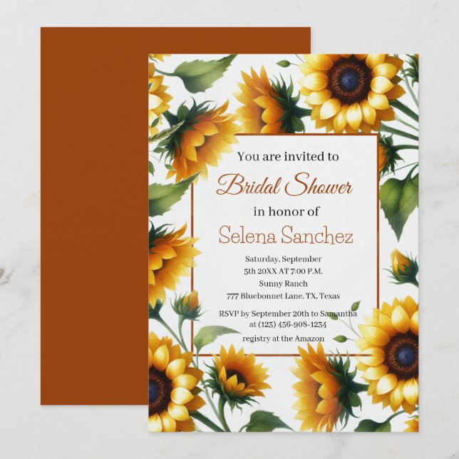 Invitación Novia Floral De Sunflowers Para Su Ducha De Novias (Anverso / Reverso)