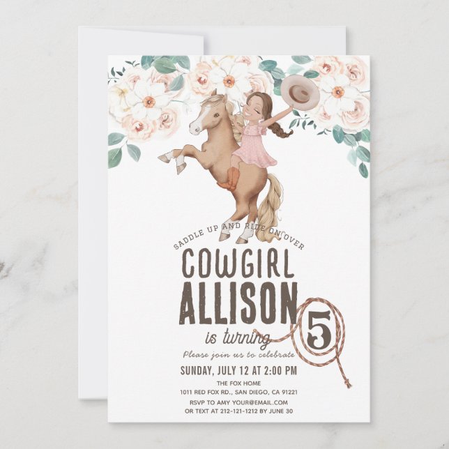 Invitación Novia Floral Rodeo Occidental Pony Ride Cumpleaños (Anverso)