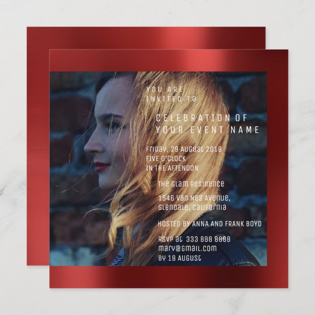 Invitación Novia Foto Graduación Cumpleaños Ruby Red Metallic (Anverso / Reverso)