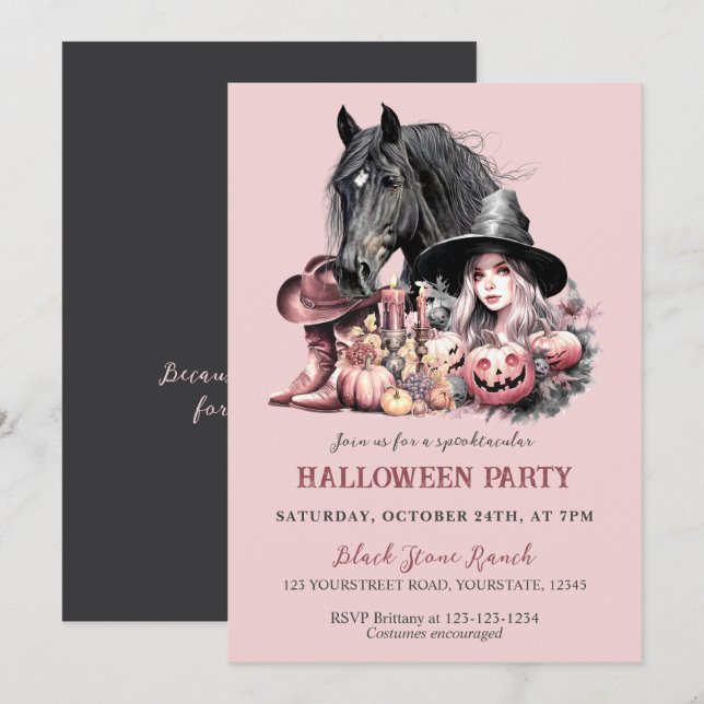 Invitación Novia halloween caballo rosa negra chica (Anverso / Reverso)