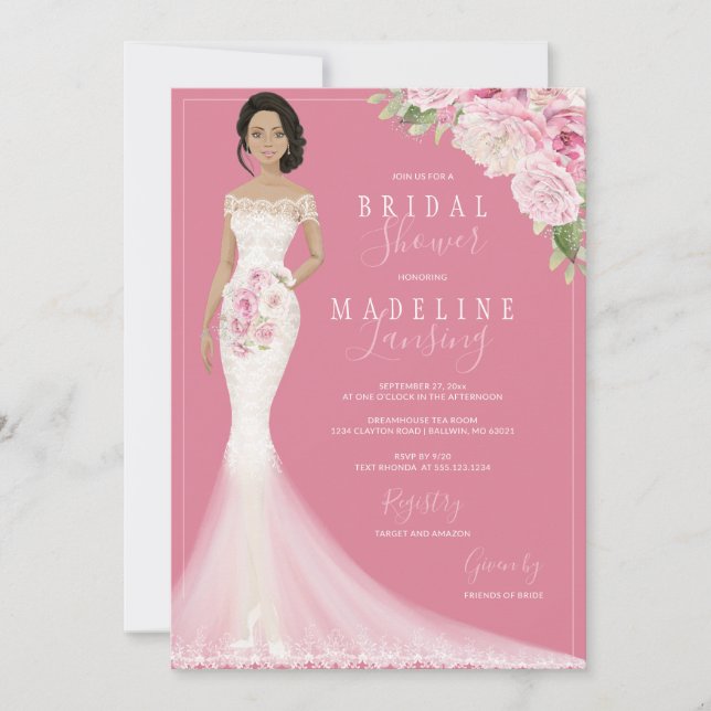 Invitación Novia ilustrada en ducha de novias con traje de co (Anverso)