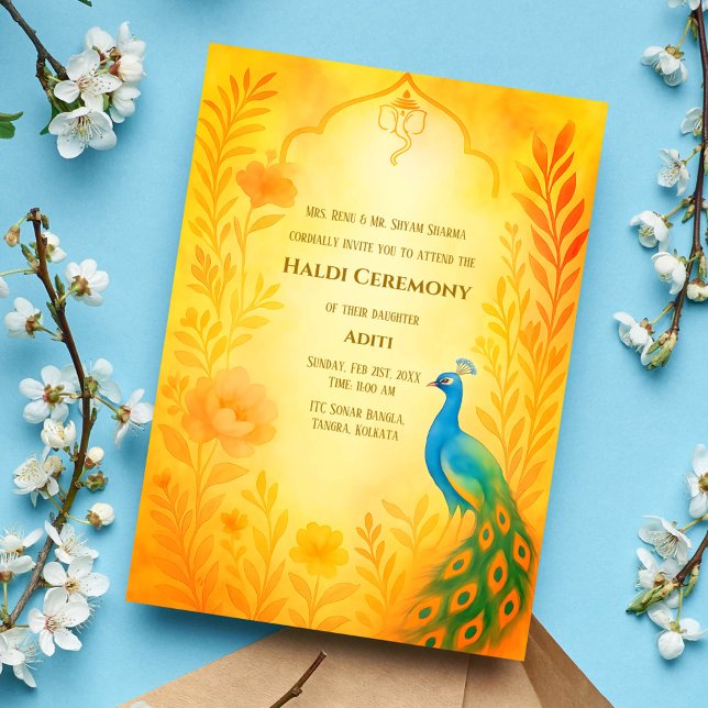 Invitación Novia india Ceremonia Haldi de Flor de Pavo Real (Subido por el creador)