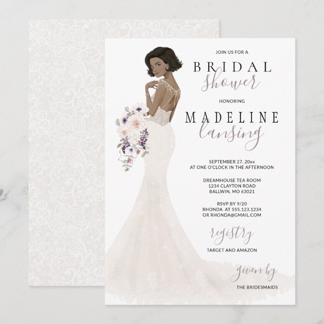 Invitación Novia Lavender en ducha de novia con traje de enca (Anverso / Reverso)