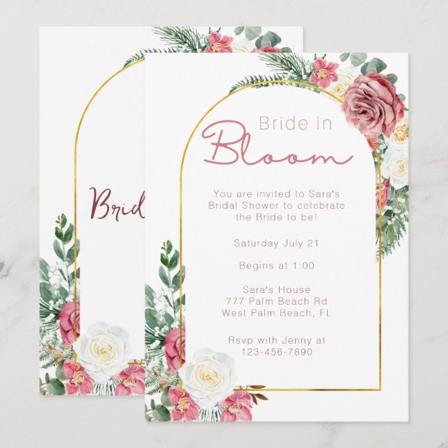Invitación Novia Mínima En Ducha De Novias Florales En Bloom (Anverso / Reverso)