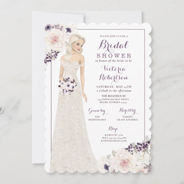 Invitación Novia morada anémona en ducha de novia plantada (Anverso)