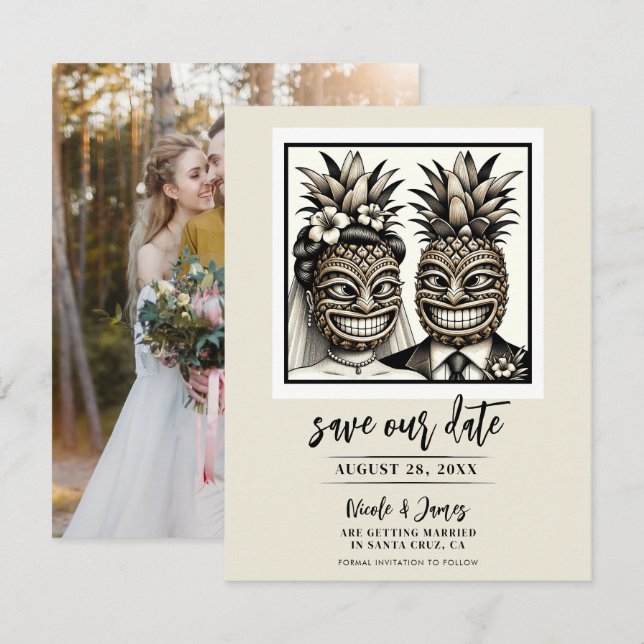 Invitación Novia & Novio Aloha Piña Tiki Salva la Fecha  (Anverso / Reverso)