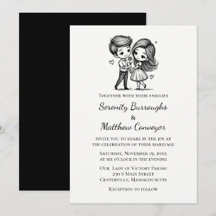 Invitación Novia Novio Dibujos Animados Lindos Boda Blanco Ne