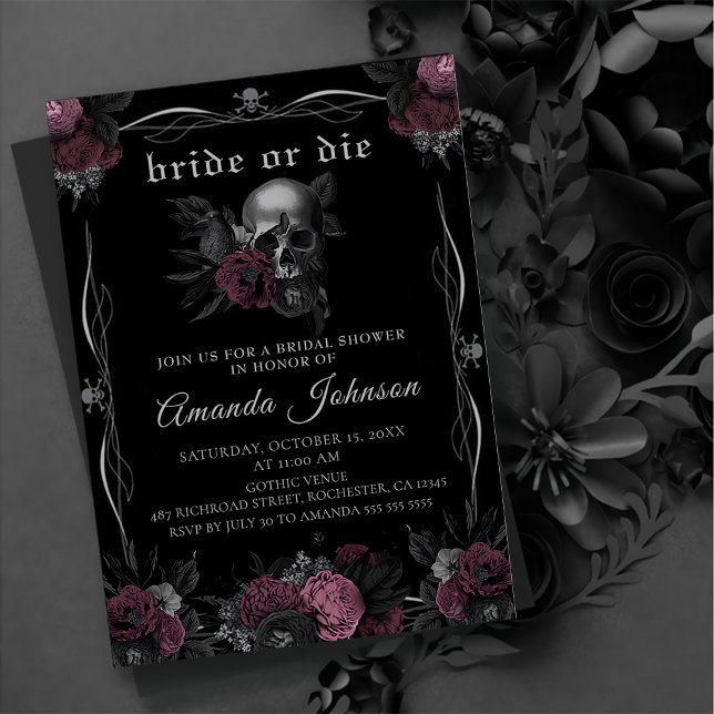 Invitación Novia o muerte Borgoña Bachelorette de cráneo góti (Subido por el creador)