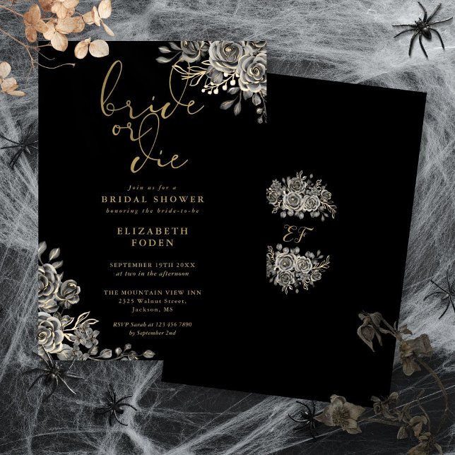 Invitación Novia O Muerte Negra Y Ducha Gótica De Novias De O (Bride Or Die Black And Gold Gothic Bridal Shower Invitation)