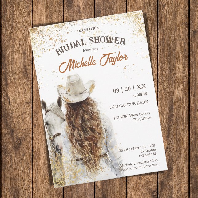 Invitación Novia occidental Boho Novia salvaje Novia de campo (western bride with white cowboy hat and white horse)
