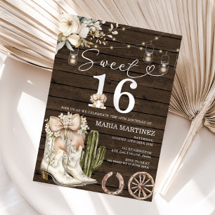 Invitación Novia occidental Boots White Boots Wood Sweet 16 c