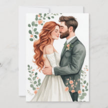 Novia pelirroja y novio de pelo oscuro boda