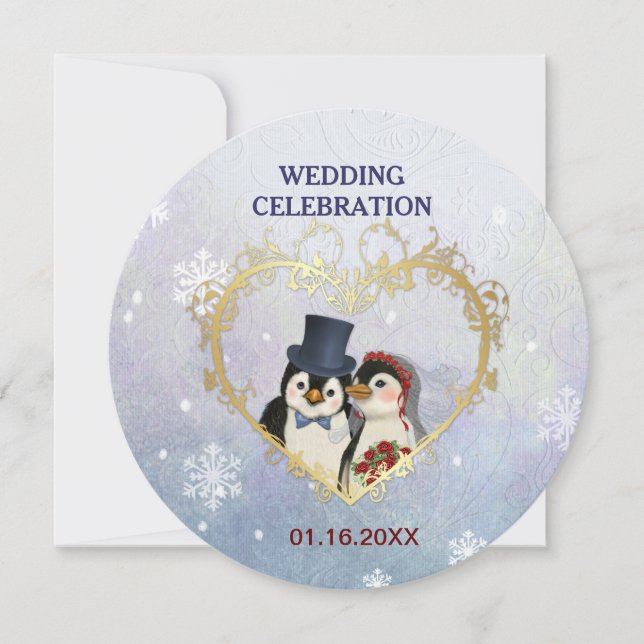 Invitación Novia pingüino y Boda de Groom - Círculo (Anverso)