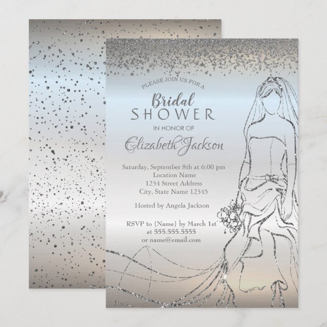 Invitación Novia plateada elegante, ducha de novia con diaman (Anverso / Reverso)
