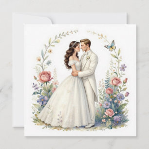 Invitación Novia Romántica Novio Floral Elegante Pareja de Ca