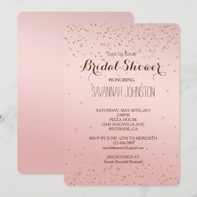 Invitación Novia rosa Rubor Gold Glitz Confetti (Anverso / Reverso)