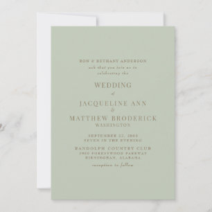 Invitación Novia simplemente sage padres texto dorado boda 