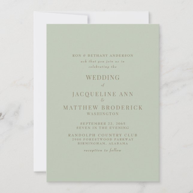 Invitación Novia simplemente sage padres texto dorado boda  (Anverso)