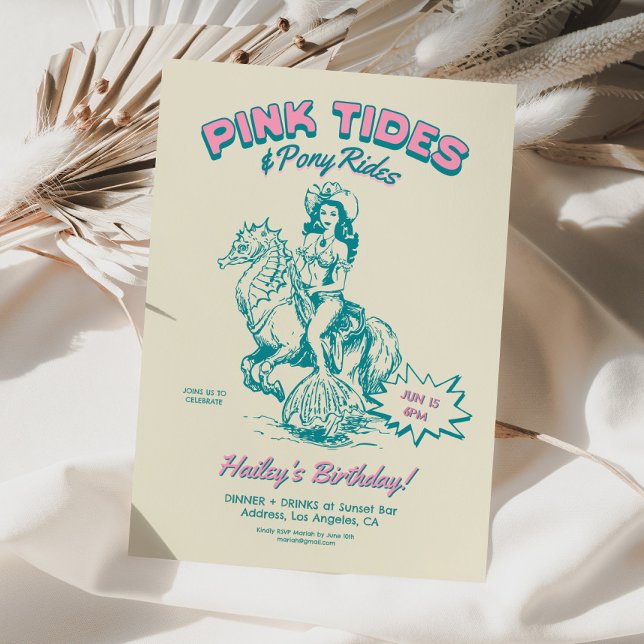 Invitación Novia sirvienta Cumpleaños Tides Pony Rides (coastal cowgirl invite, mermaid birthday invite, adult mermaid invite, pink cowgirl party, retro bir)