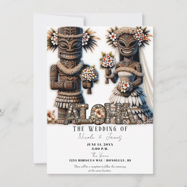 Invitación Novia Tiki de la Polinesia Hawaiana y Boda Groom (Anverso)