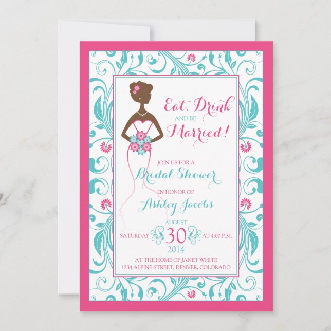 Invitación Novia turquesa rosa come bebida de novia ducha (Anverso)
