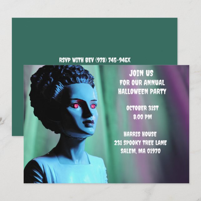 Invitación Novia verde y morada de Frankenstein (Anverso / Reverso)