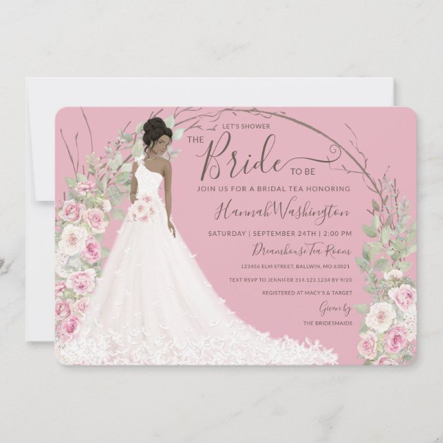 Invitación Novia vestida de blanco, ducha de té de novia (Anverso)