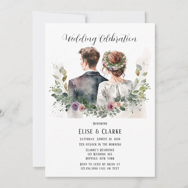 Invitación Novia y Groom con Boda de Florales Botánicos (Anverso)