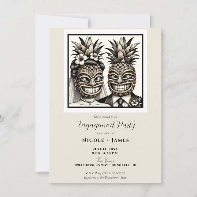 Invitación Novia y Novio Aloha Piña Tiki Compromiso (Anverso)