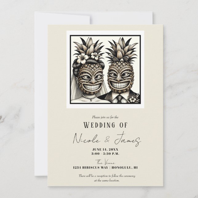 Invitación Novia y Novio Cabeza de Tiki de Piña Aloha Boda (Anverso)