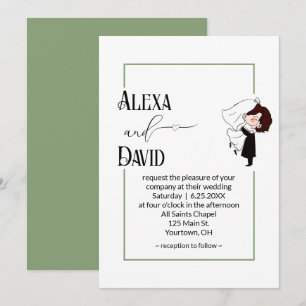 Invitación Novia y Novio con Borde Verde Salvia
