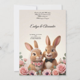 Invitación Novia y Novio Conejito Lindo con Floral Rosa Rubor