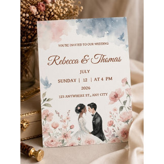 Invitación Novia y Novio de Acuarela Romántica y Boda Floral