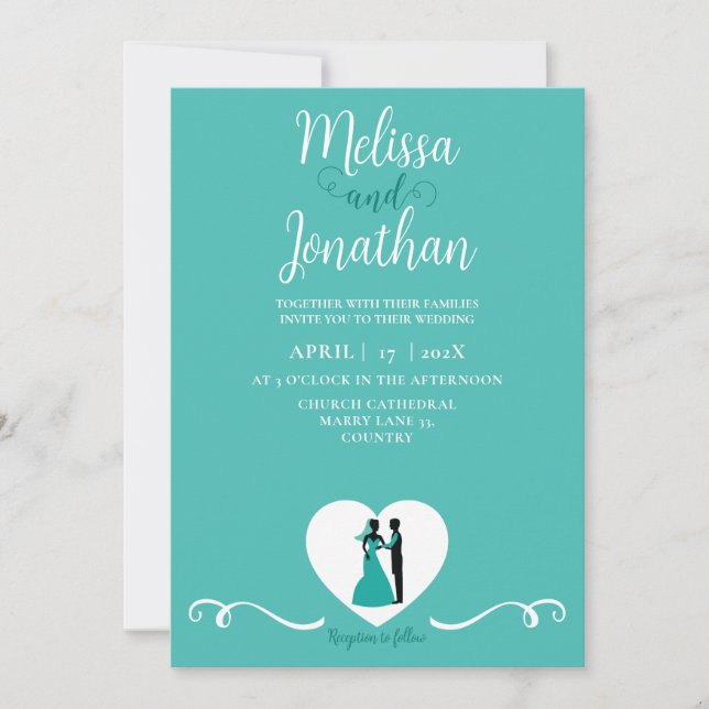 Invitación Novia y novio de la elegante boda blanca verde azu (Anverso)