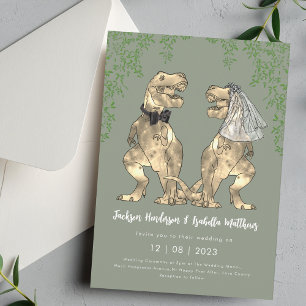 Invitación Novia y Novio Dinosaurio T-Rex Verde Salvia Boda