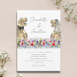 Invitación Novia y Novio Dinosaurio y Flor Silvestre
