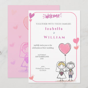 Invitación Novia y Novio Doodle Lindos Corazones Rosados Boda